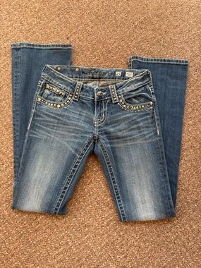 Miss Me Denim Bootcut Jeans with Studded Pocket Trim